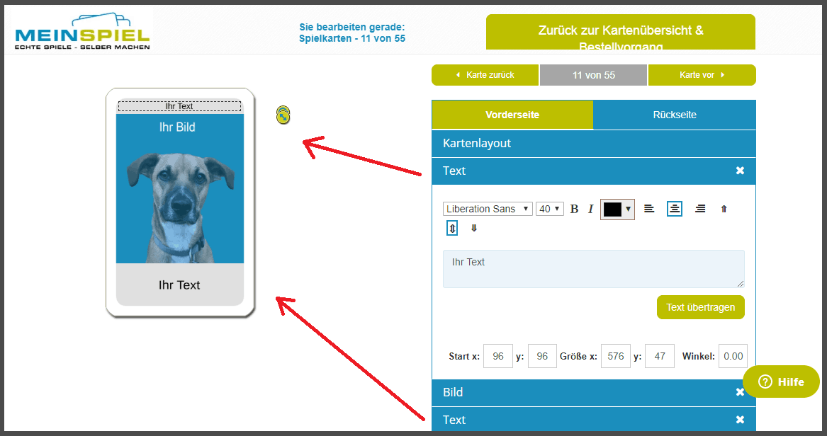 Textfelder auf den Tarotkarten